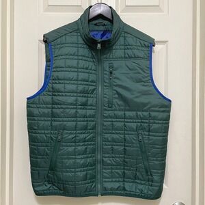 Tommy Hilfiger Quilted Puffer Vest Dark Green Primaloft Zip Pockets Blue‎ Trim L
